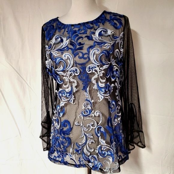 INC International Concepts Sheer Royal Blue & Black Embroidered Loose Fit Blouse - Picture 1 of 11
